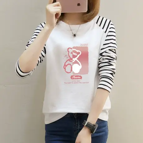 2件69】秋装长袖t恤女纯棉宽松上衣2022新款白色条纹袖小熊打底衫图片