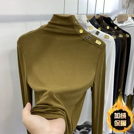 肩部纽扣T恤女设计感2022年秋冬洋气软糯修身显瘦长袖高领打底衫图片