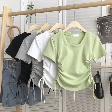 双侧边系带褶皱感短袖T恤女2025夏季新款修身韩版小个子短款上衣商品大图