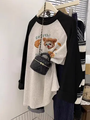 长袖上衣秋装女港味chic插肩袖打底衫大码ins潮牌百搭休闲内搭T恤商品大图