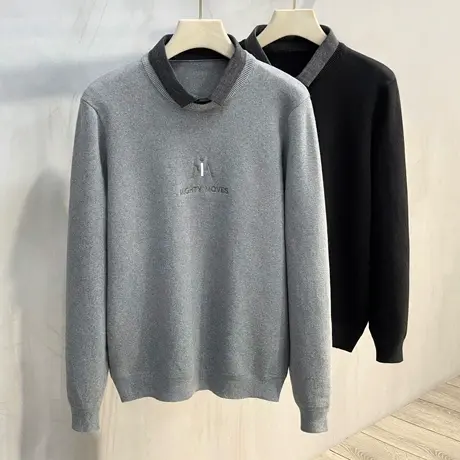 2025秋季新款假两件套毛衣男士长袖韩版潮修身刺绣衬衫领针打底衫商品大图