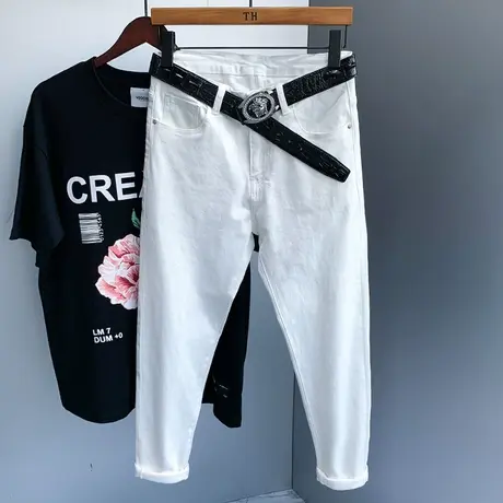 潮牌白色牛仔裤男韩版宽松潮流直筒男士休闲长裤子百搭简约九分裤商品大图