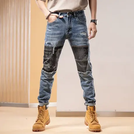 Modi Nick/摩帝尼克美式休闲潮流破洞拼接裤子百搭男裤做旧破洞裤商品大图