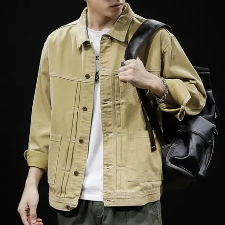 纯棉工装休闲外套男宽松2023秋季新款潮牌胖子大码加肥加大夹克男图片