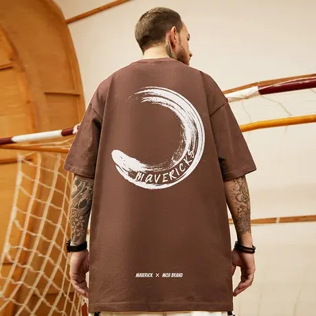 oversize美式潮牌胖子男装大码宽松美式短袖T恤咖啡色半袖夏潮流商品大图