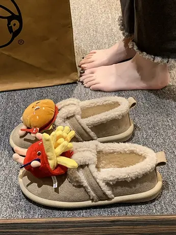 汉堡薯条乐福鞋女款冬季2023新款学生宿舍爆款厚底加绒保暖毛毛鞋图片