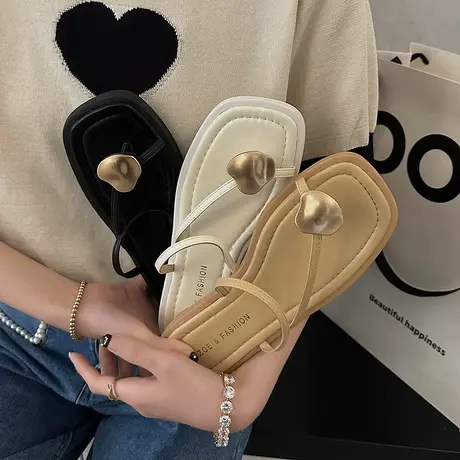 不规则金属扣凉拖鞋女2024夏季新款低跟套趾防滑度假拖鞋外穿凉鞋商品大图