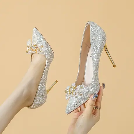 法式亮片新娘伴娘鞋女2024年春季新款尖头水钻高跟鞋性感细跟单鞋图片