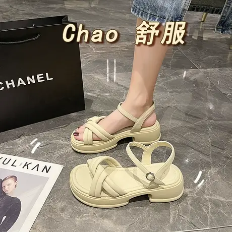 粗跟皮凉鞋女时尚百搭罗马鞋2023夏季新款中跟鱼嘴凉鞋防水台软底商品大图