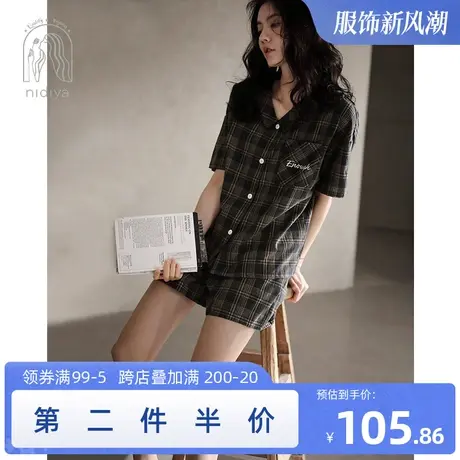妮狄娅睡衣女夏季纯棉透气薄款翻领开衫时尚休闲可外穿家居服套装商品大图