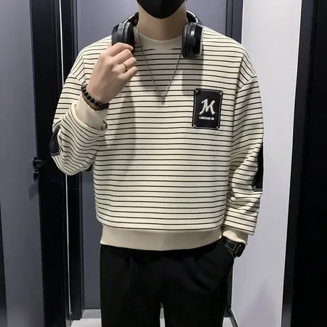 秋冬加绒卫衣男个性拼接条纹打底上衣ins休闲潮牌加厚内搭体恤衫图片