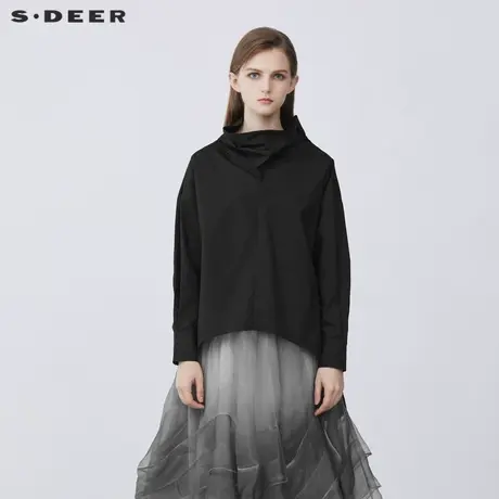 sdeer圣迪奥女装春秋装立领拼接前短后长黑色长袖衬衫S21380511图片