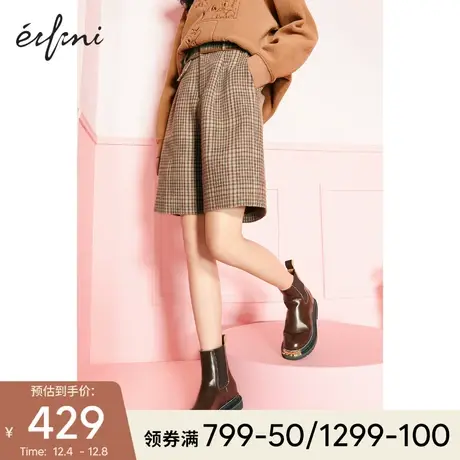 伊芙丽短裤女外穿2021年新款高腰中裤五分裤格子毛呢休闲裤女冬图片
