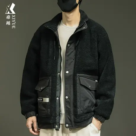 希越冬季摇粒绒棉衣外套男加绒加厚防寒棉袄宽松大码拼接工装夹克商品大图