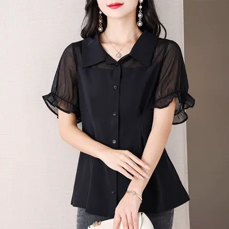 伊自尚2024年新款大码女装夏季胖mm简约时尚宽松短袖薄款衬衫上衣图片
