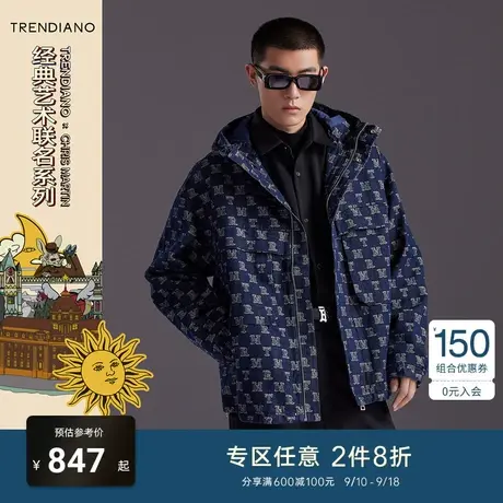 TRENDIANO官方男装秋冬季新款字母提花连帽牛仔夹克外套男士商品大图