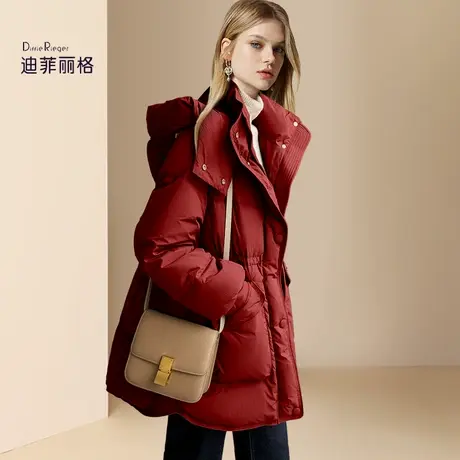 迪菲丽格酒红色连帽羽绒服女2023新款冬季通勤百搭中长款保暖外套商品大图