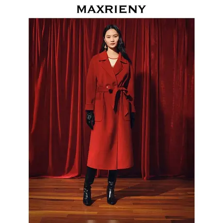 【商场同款】MAXRIENY新年红羊毛大衣复古优雅绑带毛呢外套高级感商品大图