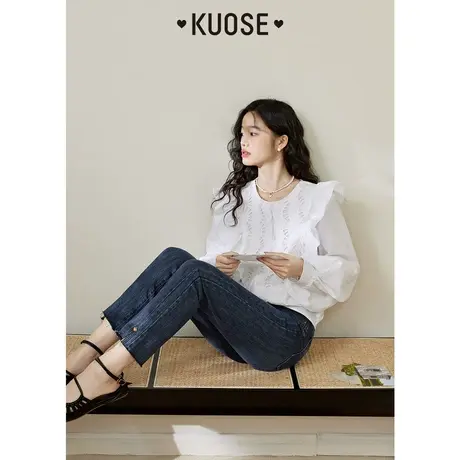 阔色深蓝色微喇叭牛仔裤女2023春秋新款设计感紧身显瘦长裤子夏商品大图