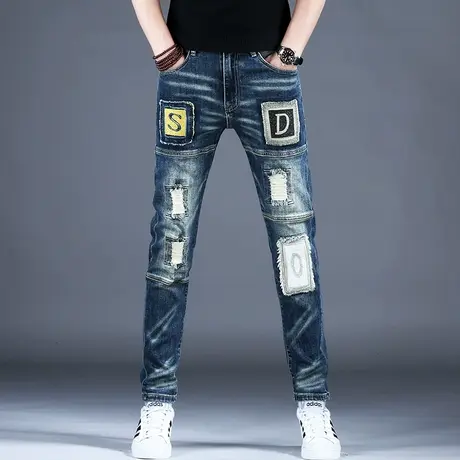男士新款破洞补丁刺绣牛仔裤男款修身美式高街小脚裤子2023四季款图片