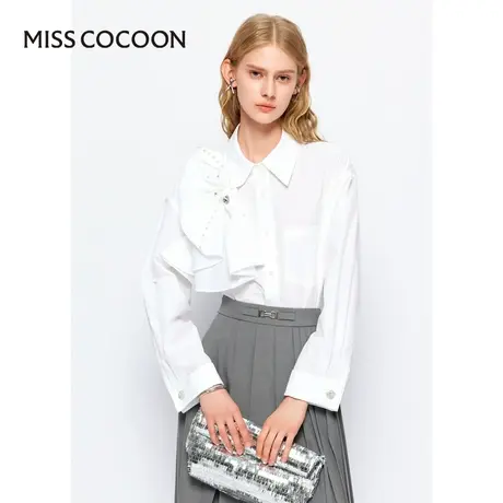 可可尼COCOON2025夏季新款蝴蝶结装饰设计高级感女士白色长袖衬衫图片