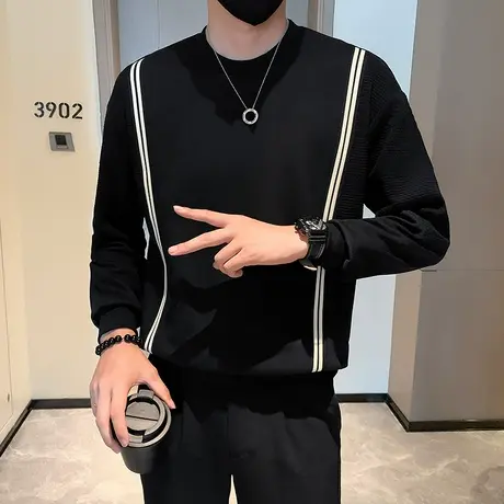 重磅美式春秋季潮牌长袖t恤男潮流条纹拼接上衣套头个性休闲卫衣商品大图