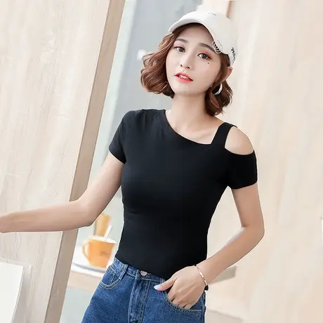 夏季新款韩版一字肩斜肩短袖T恤修身显瘦露肩性感上衣体恤女潮商品大图
