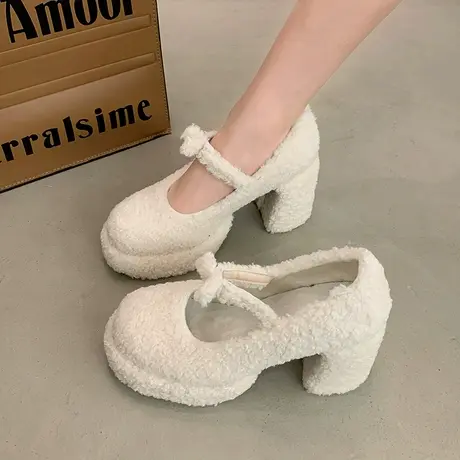 仙女风毛毛鞋女冬外穿高跟鞋2024新款配裙子温柔玛丽珍鞋加绒单鞋图片