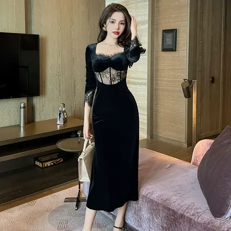 法式赫本风性感丝绒连衣裙女装镂空露腰设计感小众绝美黑色中长裙商品大图