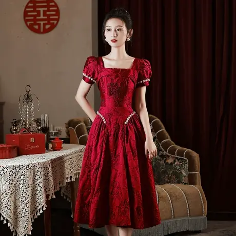 玫瑰骑士敬酒服女夏季2023新款新娘礼服法式方领小个子订婚连衣裙商品大图