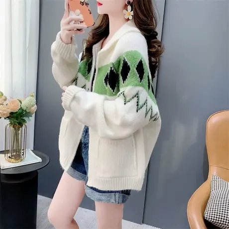 韩版翻领拼色菱格针织开衫女春季2024年新款百搭软糯毛衣外套上衣商品大图