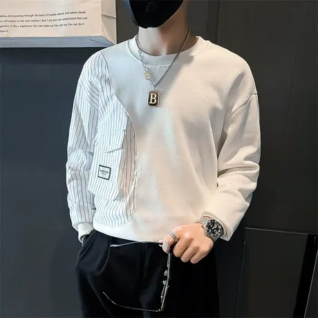 卫衣男春季新款ins拼接条纹上衣设计感休闲外套小众宽松长袖t恤衫商品大图
