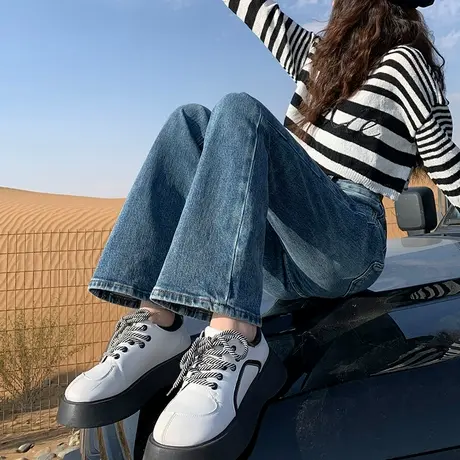 蓝色微喇牛仔裤女2024春秋新款高腰窄版时尚简约修身显瘦拖地长裤商品大图