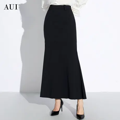 AUI黑色长款包臀半身裙女2024春新款名媛气质修身显瘦鱼尾开叉裙图片