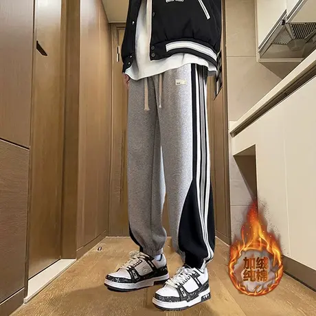 秋冬季新款加绒加厚长裤子男青少年学生帅气休闲运动大童卫裤束脚图片