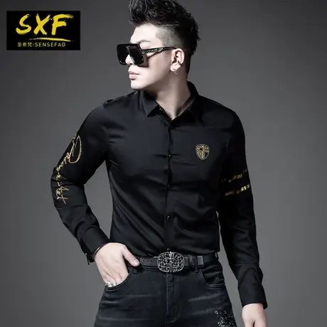 SXF圣希梵衬衫男 免烫抗皱2021新款烫钻长袖商务休闲韩版男士衬衣商品大图