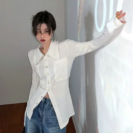 早春白色收腰衬衫女秋冬2023新款修身气质打底衫内搭长袖上衣ins图片