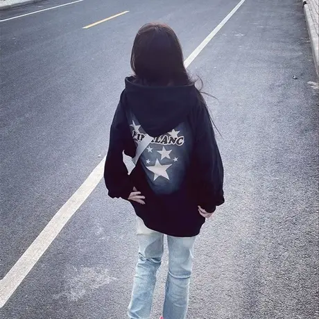 美式复古连帽卫衣女ins潮牌秋冬加绒加厚设计感小众宽松大码外套图片