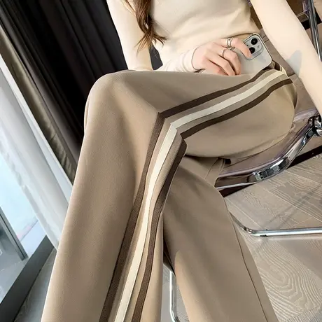 卡其窄版阔腿裤女春秋2024新款宽松休闲小个子高腰直筒垂感拖地裤图片