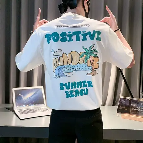 潮牌印花T恤男夏季重磅ins设计感小众短袖上衣潮流个性半截袖T恤商品大图