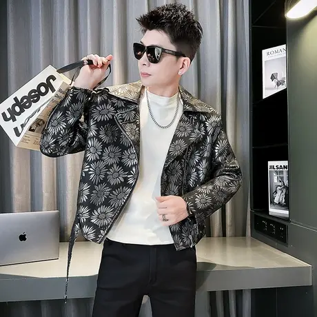 高级感短款痞帅机车夹克男春季花色潮流满印个性网红翻领外套商品大图