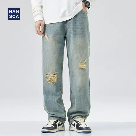 hansca破洞牛仔裤男潮牌春季美式高街复古水洗宽松直筒拖地长裤子商品大图