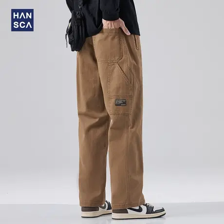hansca纯棉休闲裤男秋季新款潮牌大码日系复古宽松直筒工装长裤子商品大图