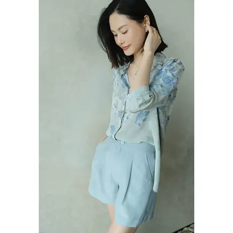 印花桑蚕丝衬衫女2024春夏新款高端七分袖宽松舒适100%真丝上衣女商品大图