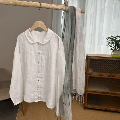 享永子【54支高密亚麻】高支高密亚麻翻领宽松简约长袖开襟衬衫女图片