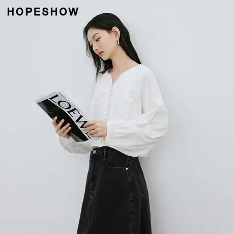 红袖落肩V领套头上衣女hopeshow2024春季新款新中式气质时尚衬衫图片
