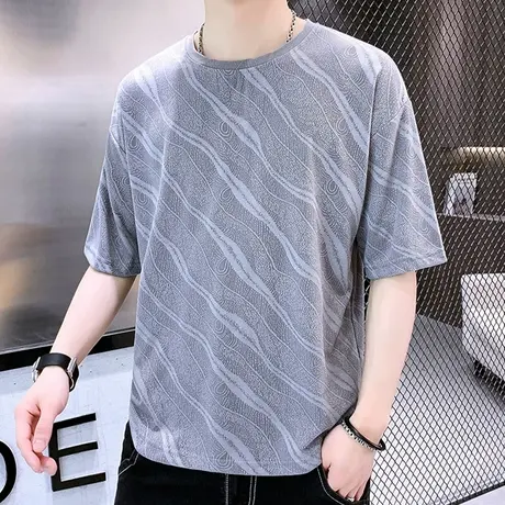 条纹t恤男士宽松潮流棉感短袖夏季薄款ins潮牌百搭冰丝半袖上衣服商品大图