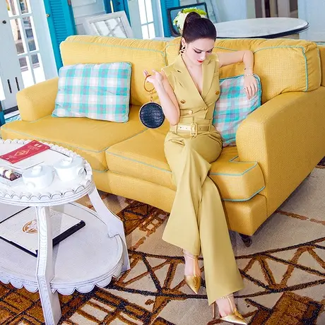 VJE帅气军装风西装领连体裤新款气质欧美无袖收腰连身阔腿裤图片