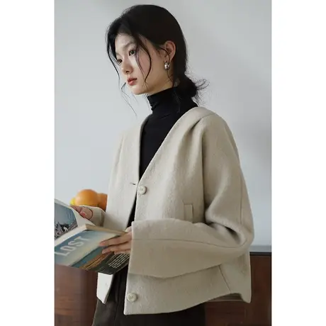 嘉茱莉2023秋季新款短款羊毛大衣女小个子V领羊毛外套宽松上衣商品大图
