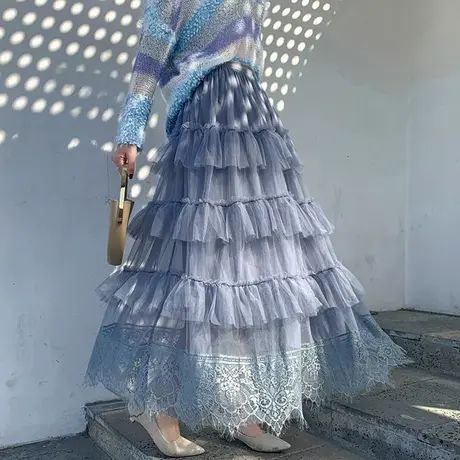 新款春秋显瘦拼接蕾丝蛋糕裙仙女裙中长款网纱半身裙a字8806g图片